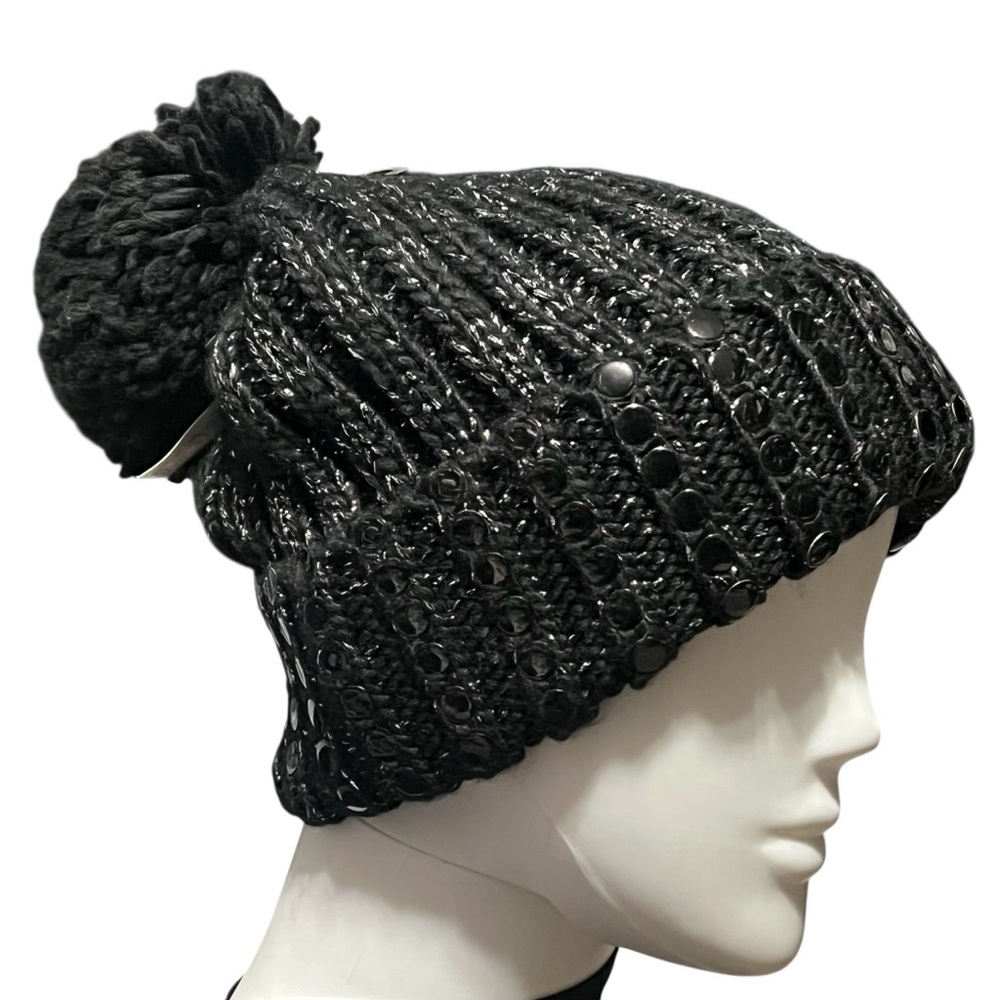 NWT DKNY Women's Flat Stud Metallic Rib Knit Beanie - Black